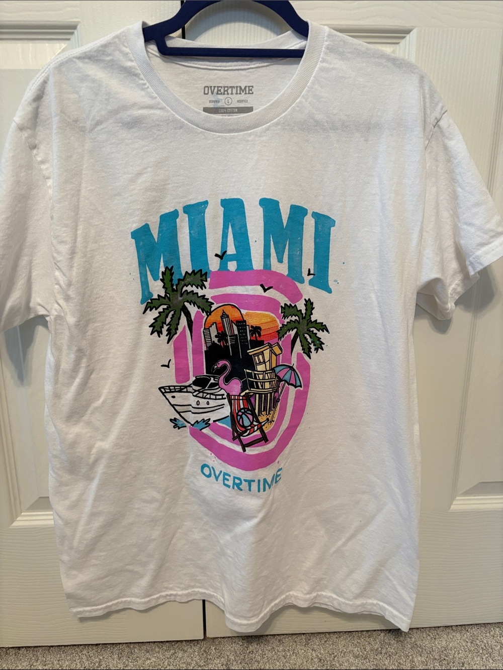 Miami Graphic Tee in White with Teal and Pink Print